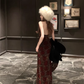 Vintage Rose Velvet Dress Sexy Halter Neck Backless Mermaid Long Party Dress YM1820