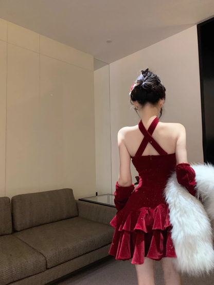 Glitter Red Velvet A Line Party Dress Birthday Outfits YM1822