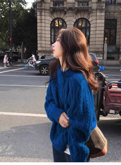 Klein Blue Retro Cable Knit Sweater Thickened Loose Knitwear YM2416