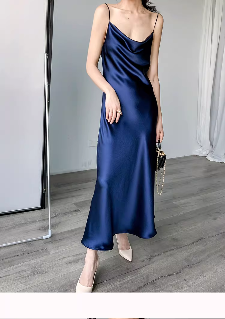 Classy Navy Blue Straps Satin Long Party Dress Birthday Dress YM2435