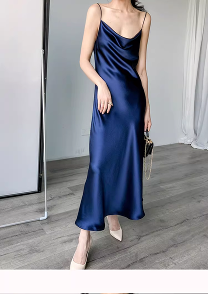 Classy Navy Blue Straps Satin Long Party Dress Birthday Dress YM2435