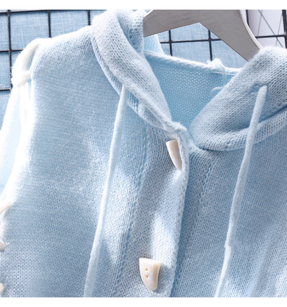 Cute Blue Hooded Sweater Jacket Autumn And Winter New Sweet Mid-length Knitted Cardigan YM2367