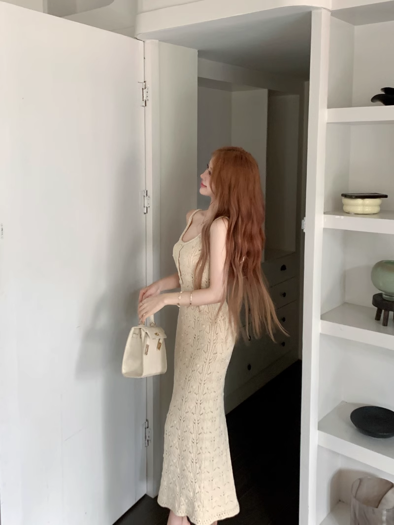 Hollow Knitted Suspender Dress Sexy Slit Long Dress YM1831