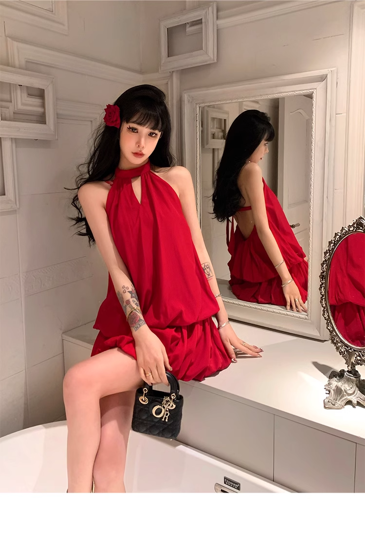 Red Halter Backless Short Prom Dress Birthday Outfits YM2012