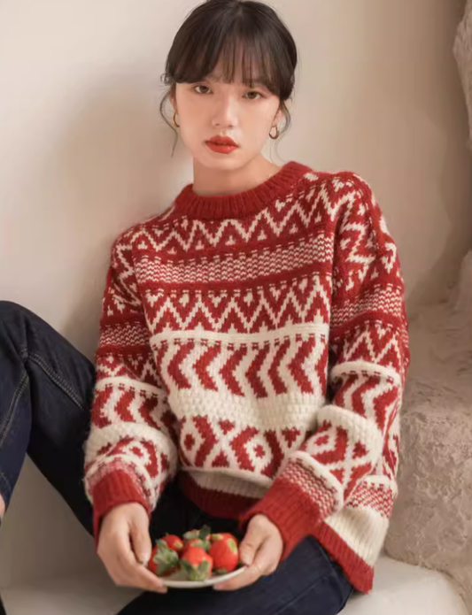 Retro Red New Year Sweater, Thick Christmas-style color-blocked Knitwear YM2417