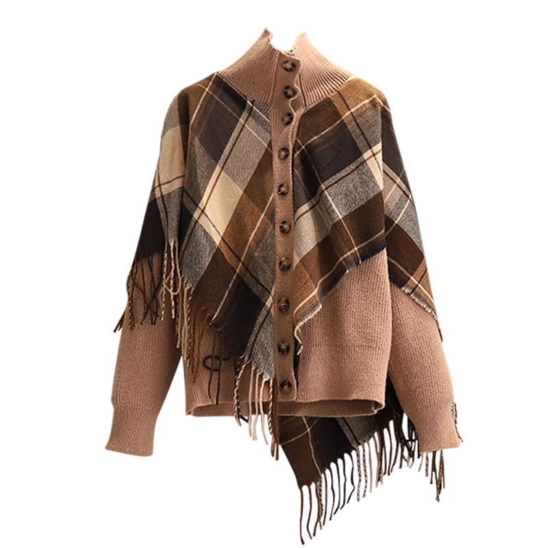 Fake Two-Piece Plaid Tassel Shawl Sweater Autumn Fashion Slim Temperament Knitted Jacket YM2296