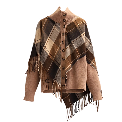 Fake Two-Piece Plaid Tassel Shawl Sweater Autumn Fashion Slim Temperament Knitted Jacket YM2296