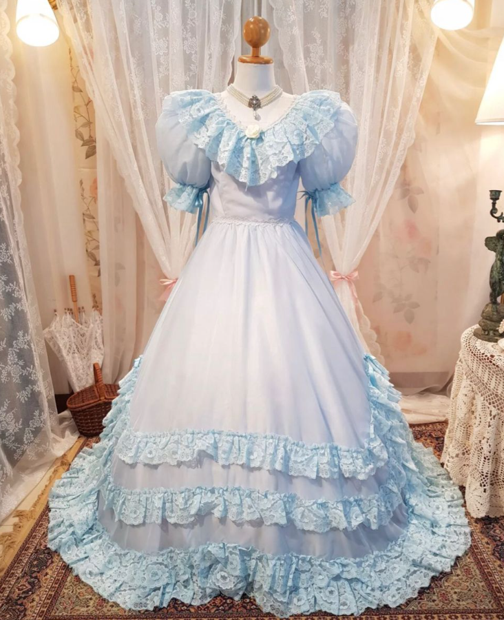 Pretty Pale Blue Satin Puffy Jewel A-Line Long Prom Dress Birthday Dress YM2617