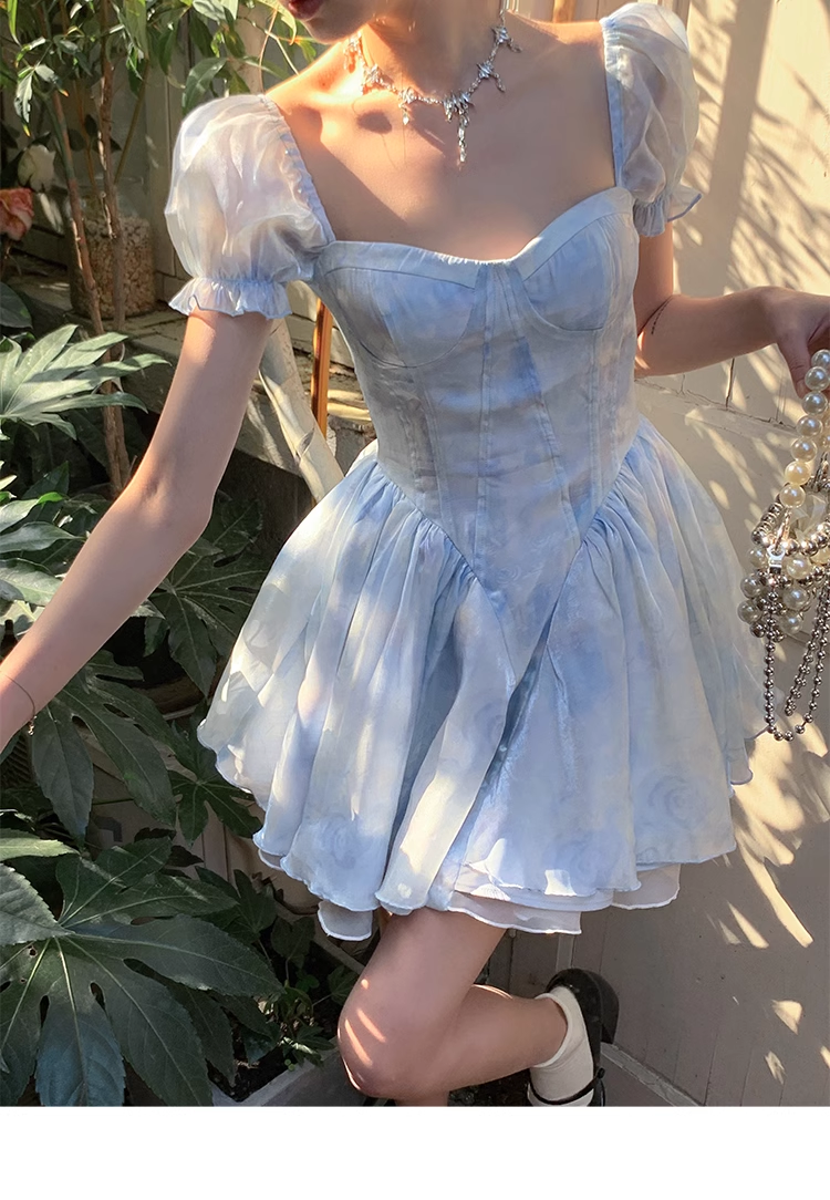 Blue Short Sleeves Spaghetti Straps Birthday Party Dress YM1972