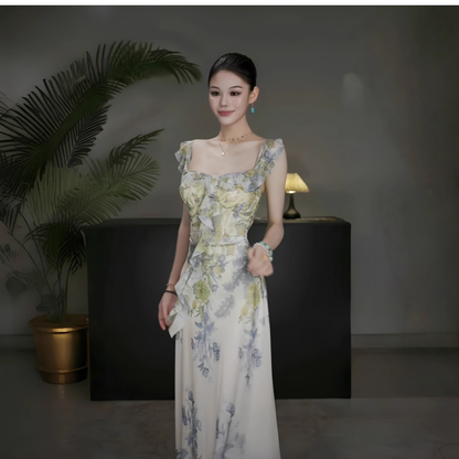 Fashion Green Printed Floral Straps Birthday Dress Women's Sexy Long Holiday Dress YM2280