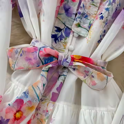 Lantern long sleeve bow a line print dress YM1010
