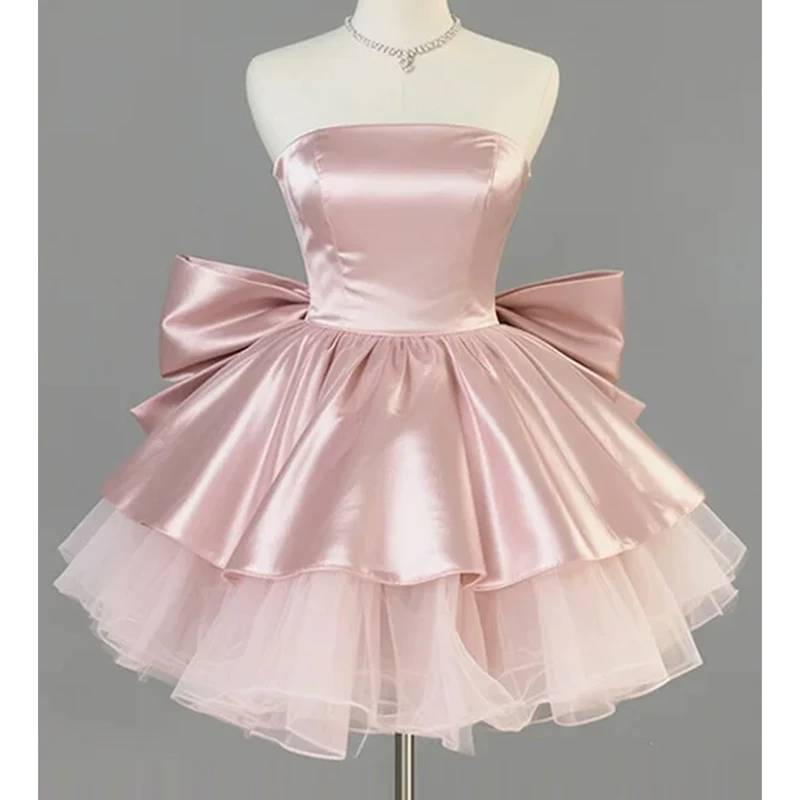 Sweet Purple Strapless Satin Tulle A Line Short Birthday Dress With Bow YM2460