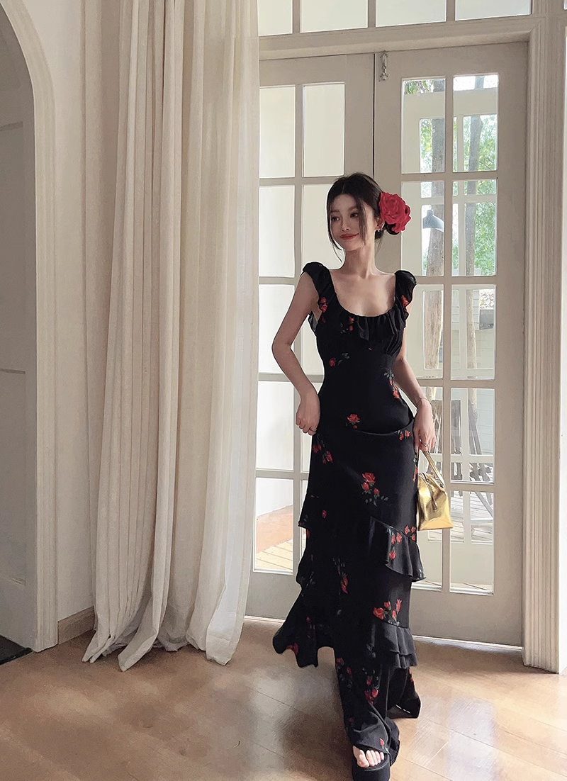 Black Vintage Ruffle Print Straps Party Dress Mermaid Birthday Dress YM1824