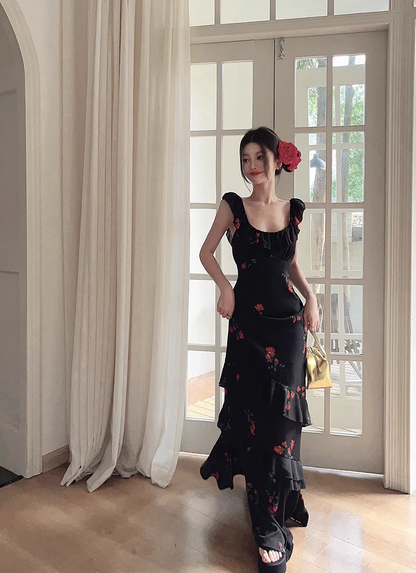 Black Vintage Ruffle Print Straps Party Dress Mermaid Birthday Dress YM1824