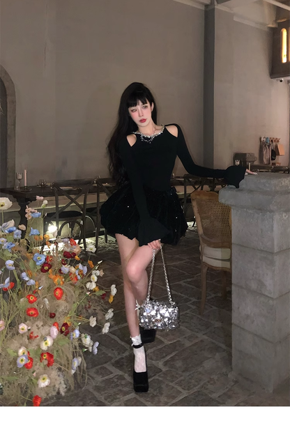 New Style Birthday Date Dress Off-shoulder Long-Sleeved Black Prom Dress YM1978