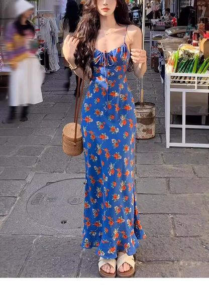 Classy Blue Floral Print Straps Party Dress, Long Vacation Dress YM2414