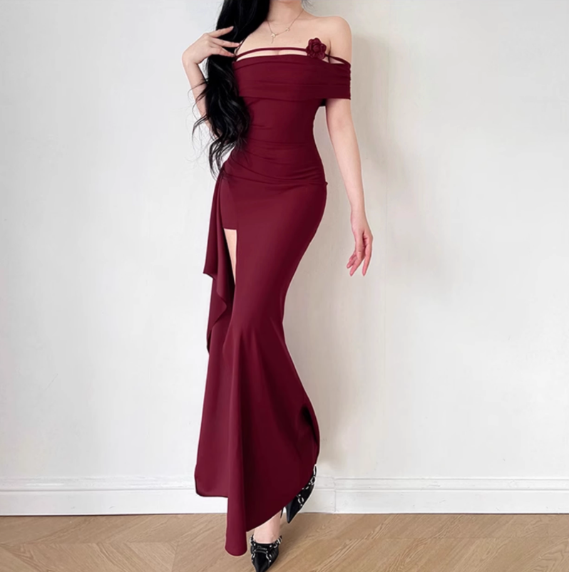 Pretty Red Off The Shoulder Mermaid Slit Party Dress Long Birthday Dress YM2225