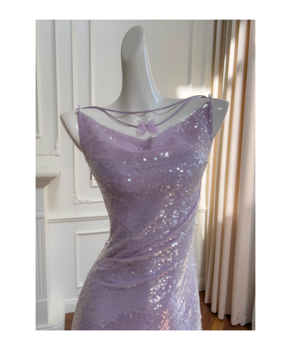 Sparkling Long Spaghetti Straps Purple Sequin Tulle Evening Dress Birthday Party Dress YM2119