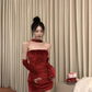 Halter Red Velvet Dress Sexy Strapless Short Birthday Outfits With Sleeves YM1836