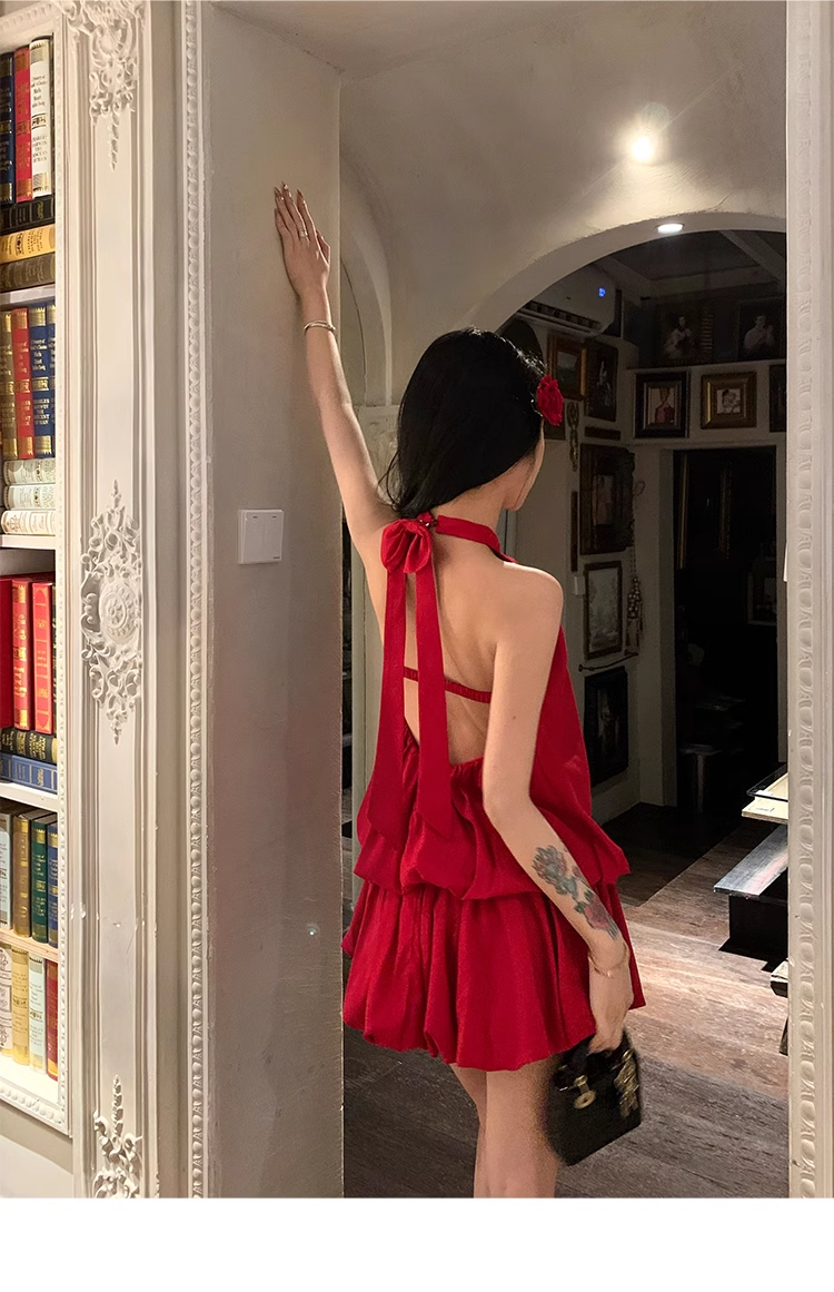 Red Halter Backless Short Prom Dress Birthday Outfits YM2012
