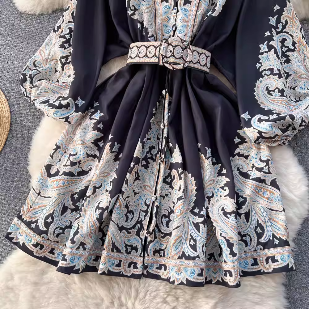New French Retro Print Medium Length Summer Dress YM1573