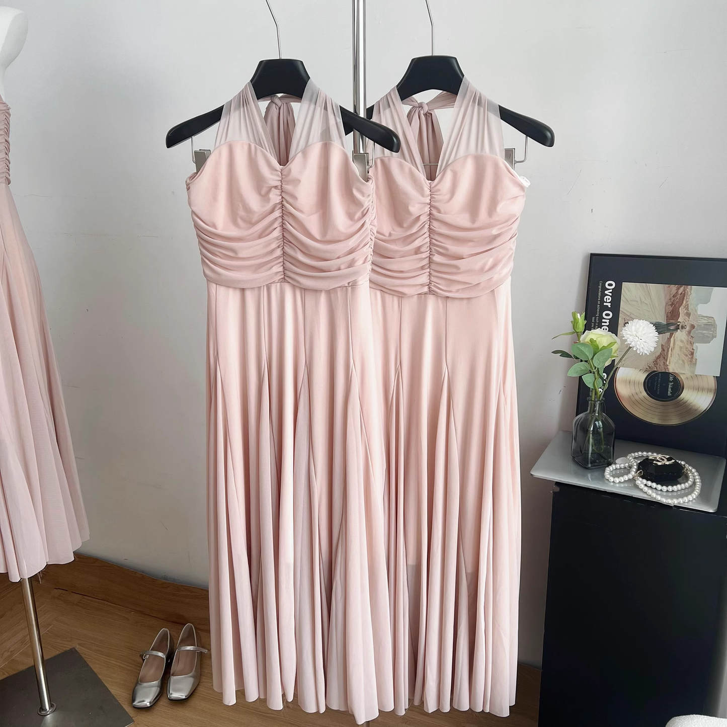 Halter Neck Suspender Dress Seaside Holiday Style Backless Pink Long Dress YM1771