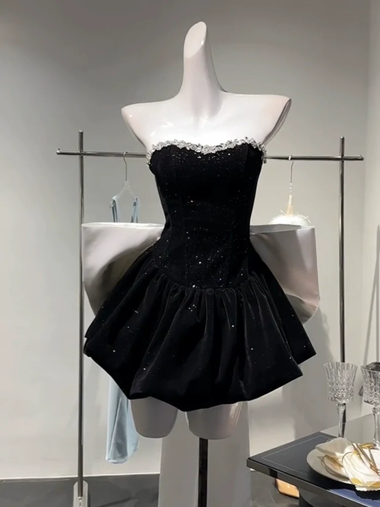 Luxury Black Birthday Dress Princess Velvet Short Dress With Bow YM173 – ymprom