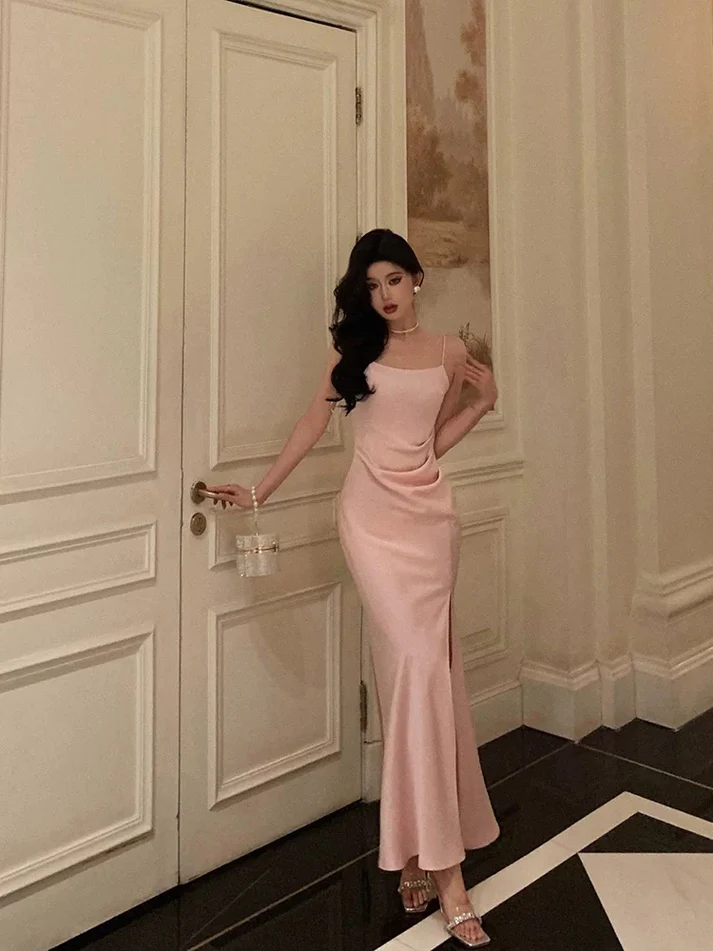 Classy Pink Satin Prom Dress Birthday Outfits Evening Gown YM1619