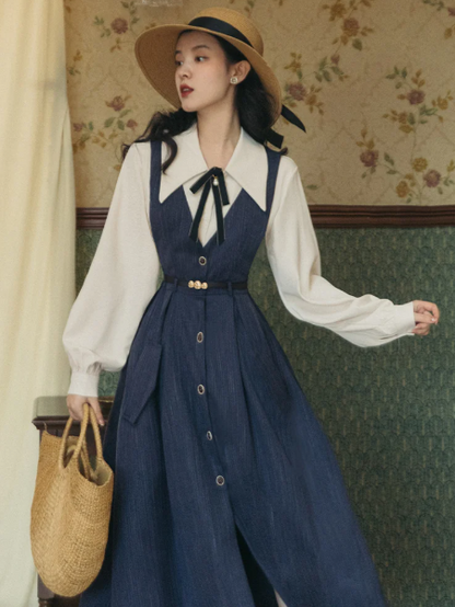 Elegant Navy Patchwork High Collar A-Line Corset Maxi Women Dress Holiday Dress YM2748