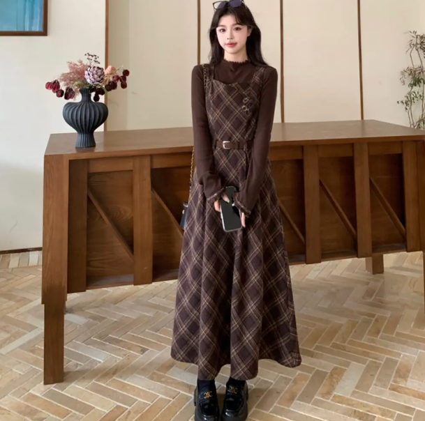 Gentle Brown College Style Plaid High Collar A-Line Maxi Women Dress Holiday Dress YM2713