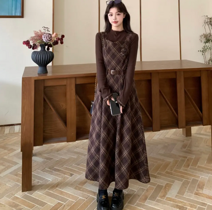 Gentle Brown College Style Plaid High Collar A-Line Maxi Women Dress Holiday Dress YM2713