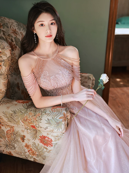 Sparkly Blush Pink Tulle Embroidered Strapless A-Line Maxi Prom Dress Birthday Dress Ball Gown YM2703