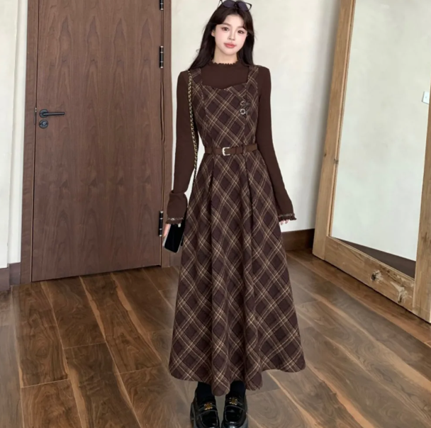 Gentle Brown College Style Plaid High Collar A-Line Maxi Women Dress Holiday Dress YM2713