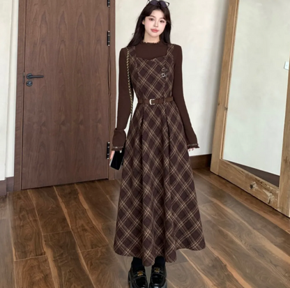 Gentle Brown College Style Plaid High Collar A-Line Maxi Women Dress Holiday Dress YM2713