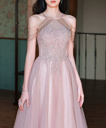 Sparkly Blush Pink Tulle Embroidered Strapless A-Line Maxi Prom Dress Birthday Dress Ball Gown YM2703