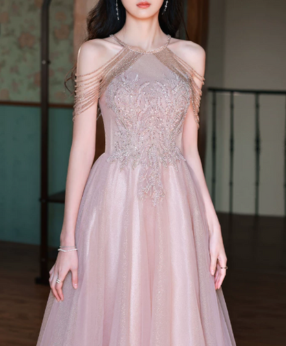 Sparkly Blush Pink Tulle Embroidered Strapless A-Line Maxi Prom Dress Birthday Dress Ball Gown YM2703