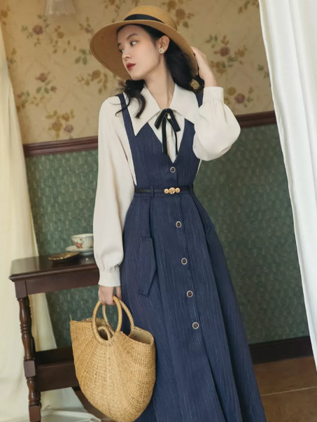 Elegant Navy Patchwork High Collar A-Line Corset Maxi Women Dress Holiday Dress YM2748