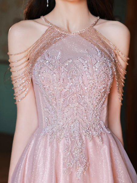 Sparkly Blush Pink Tulle Embroidered Strapless A-Line Maxi Prom Dress Birthday Dress Ball Gown YM2703