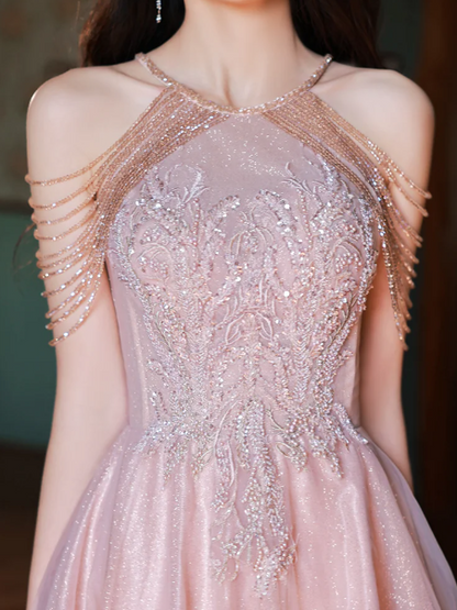 Sparkly Blush Pink Tulle Embroidered Strapless A-Line Maxi Prom Dress Birthday Dress Ball Gown YM2703