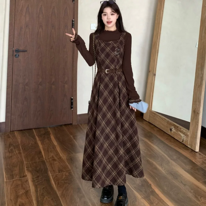 Gentle Brown College Style Plaid High Collar A-Line Maxi Women Dress Holiday Dress YM2713