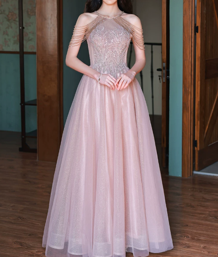 Sparkly Blush Pink Tulle Embroidered Strapless A-Line Maxi Prom Dress Birthday Dress Ball Gown YM2703