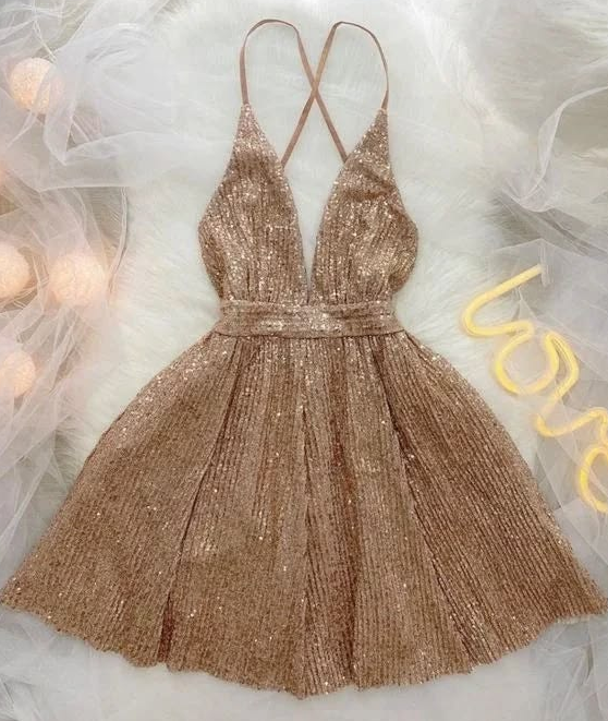 Sparkly Champagne Sequins Spaghetti Straps A-Line Short Prom Dress Party Dress YM2489