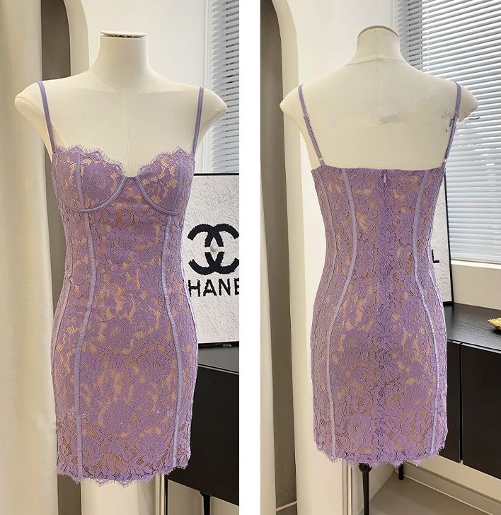 Sweet And Spicy Lace Purple Suspender Dress Short Birthday Dress YM1720