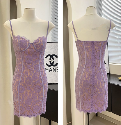 Sweet And Spicy Lace Purple Suspender Dress Short Birthday Dress YM1720