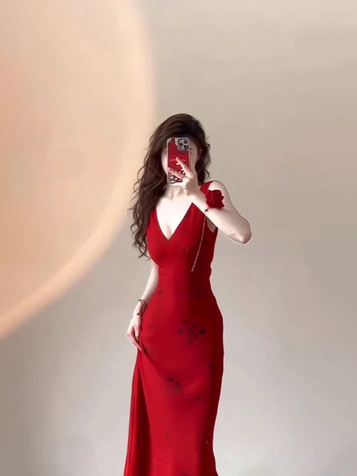 Sexy Red V Neck Long Prom Dress Birthday Dress YM1616