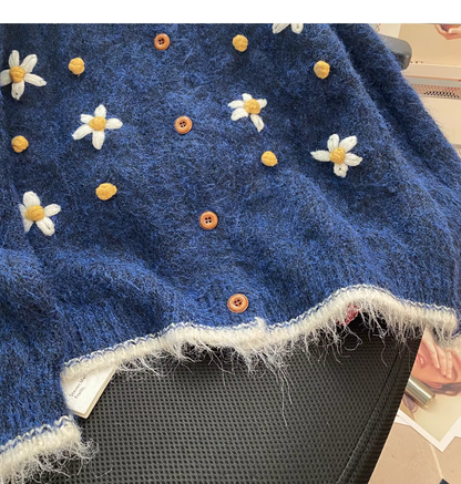 Retro Embroidered Cardigan Blue Knit Sweater YM2445