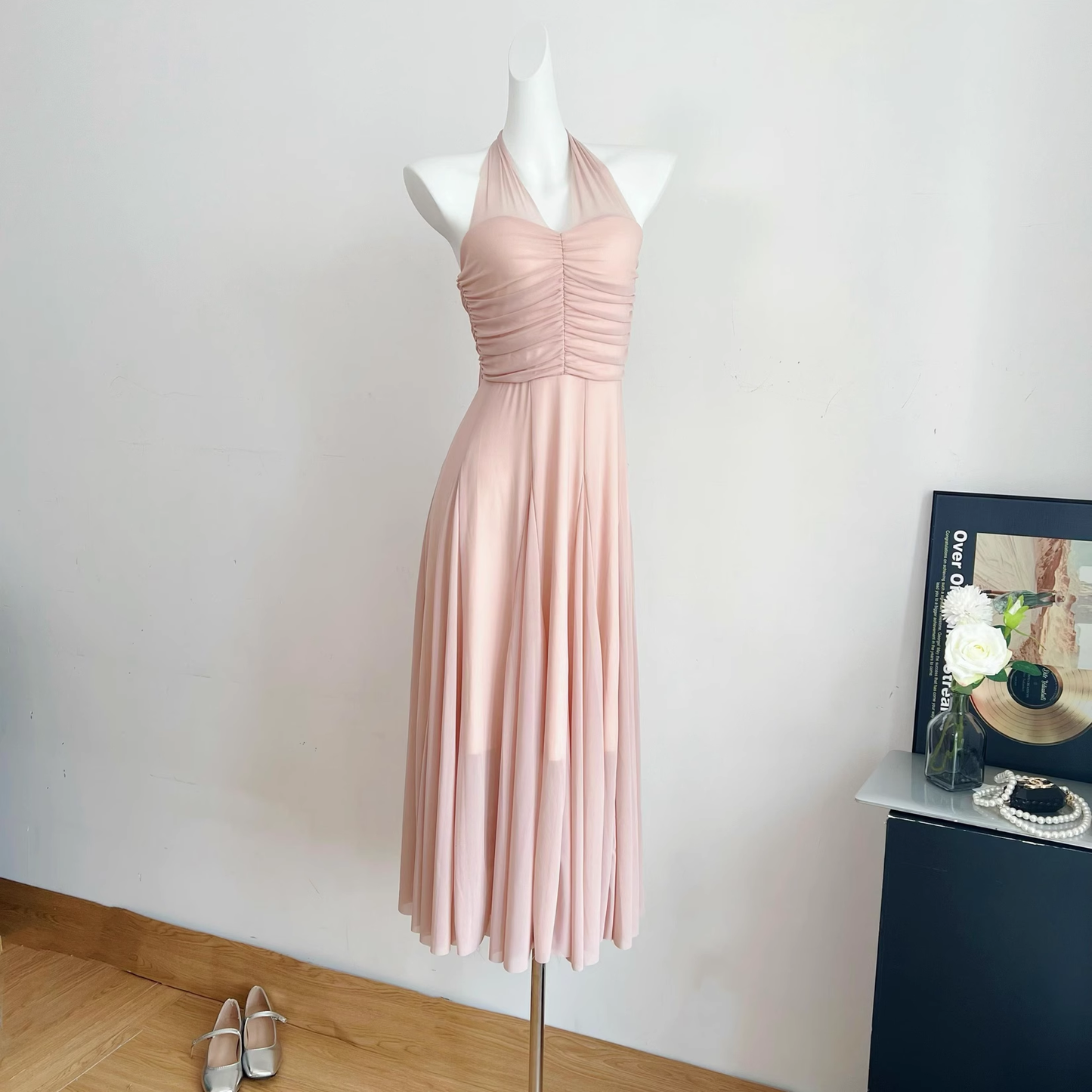 Halter Neck Suspender Dress Seaside Holiday Style Backless Pink Long Dress YM1771