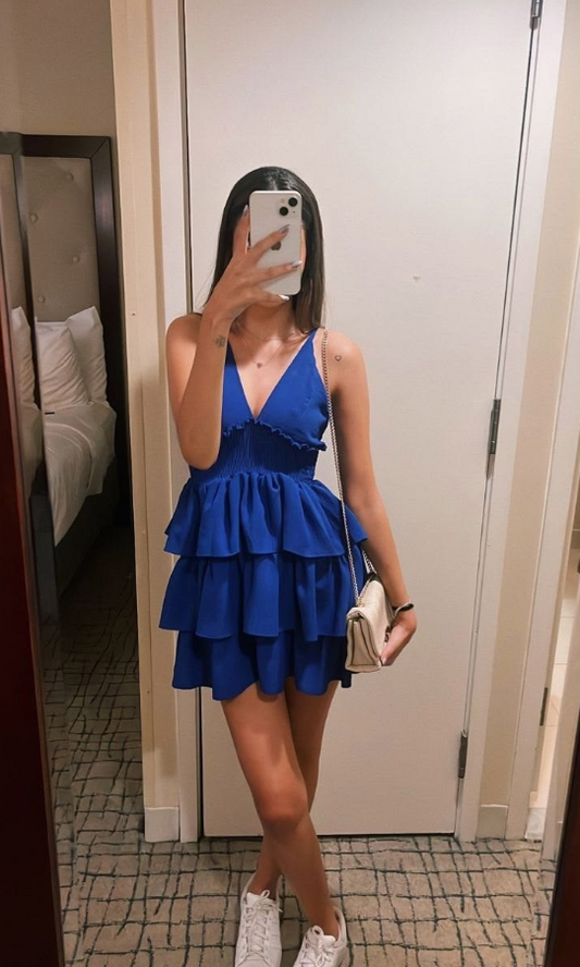 Resort Navy Ruffled Spaghetti Straps A-Line Short Prom Dress Party Dress YM2493