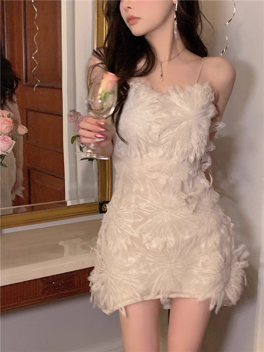 Pretty Spaghetti Straps White Lace Sheath Birthday Outfits Short Party Dress  YM2186