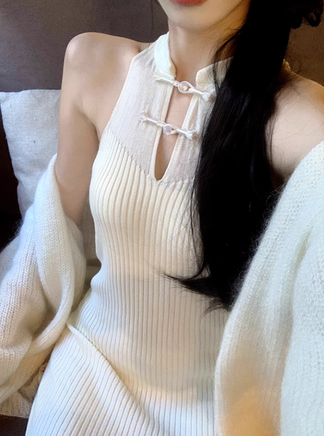 Elegant Slimming Cheongsam Collar Knitted Dress Female Fairy Party Dress YM1739